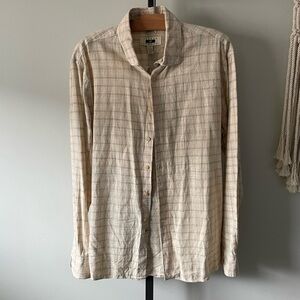 Joseph Abboud Linen Cotton Blend Plaid Casual Button Down Shirt Tan Mens Large